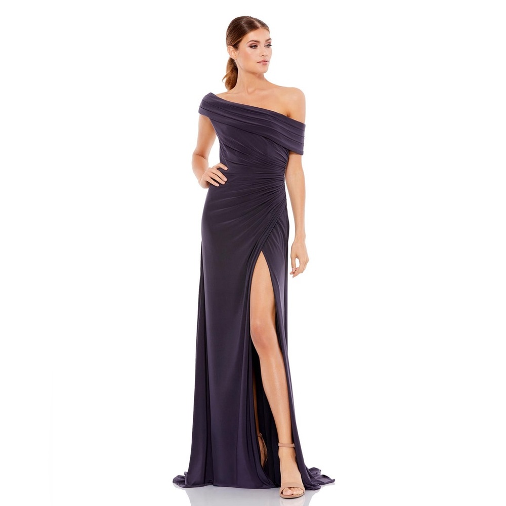 NWT $358 Mac Duggal Foldover Off The Shoulder Slit Ruched Gown gray purple‎ blue
